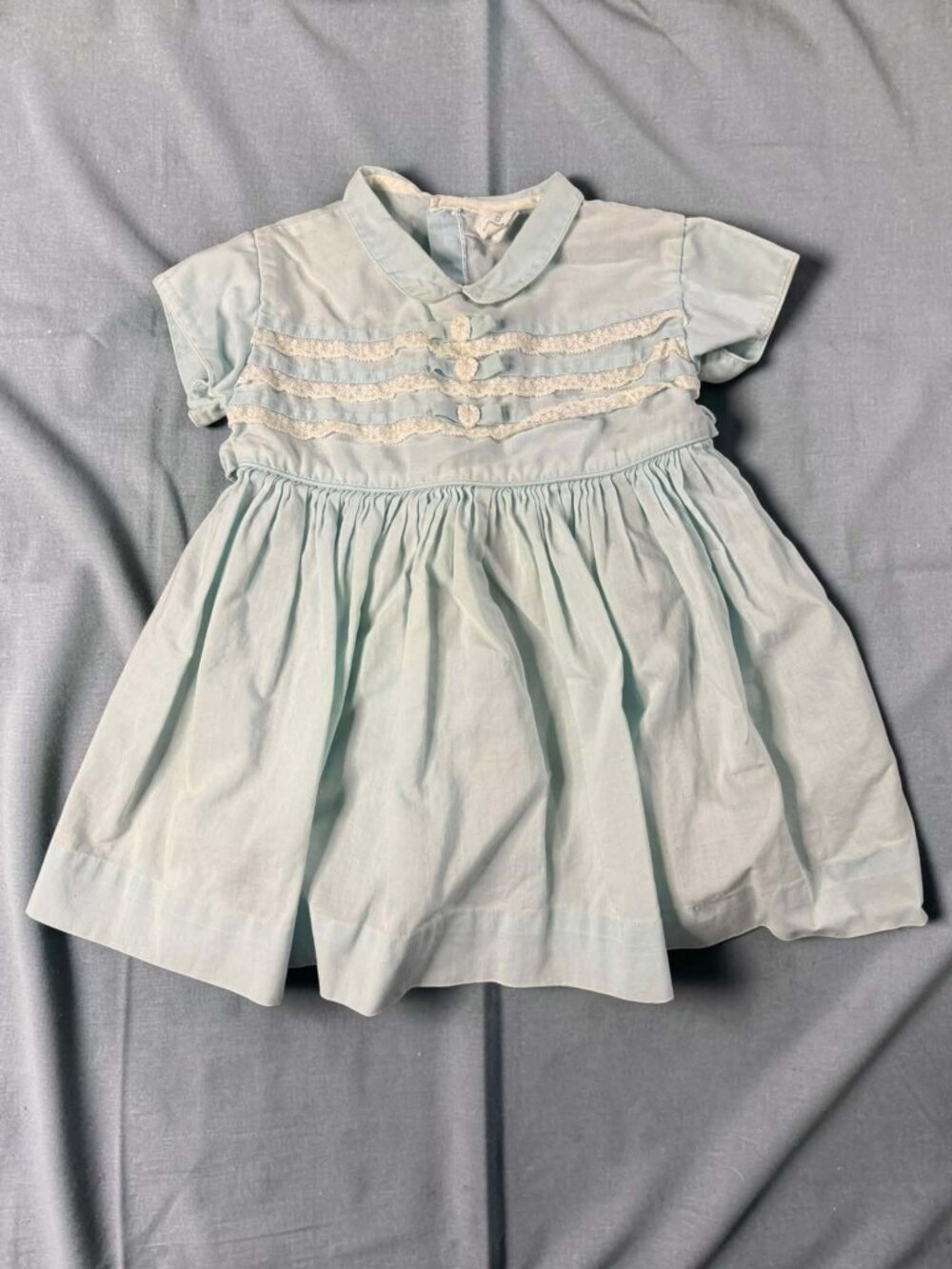 Vintage Nannette Baby Girl Dress 9-12 Months Light Blue Lace Heirloom Made In US